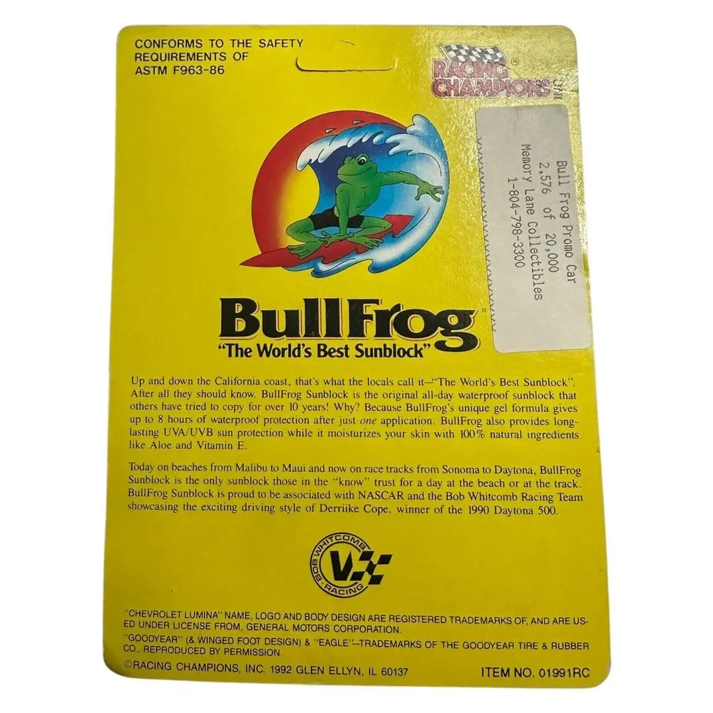 Limited Edition 1992 BullFrog Sunblock #10‎ Derrike Cope Chevrolet Lumina Racing